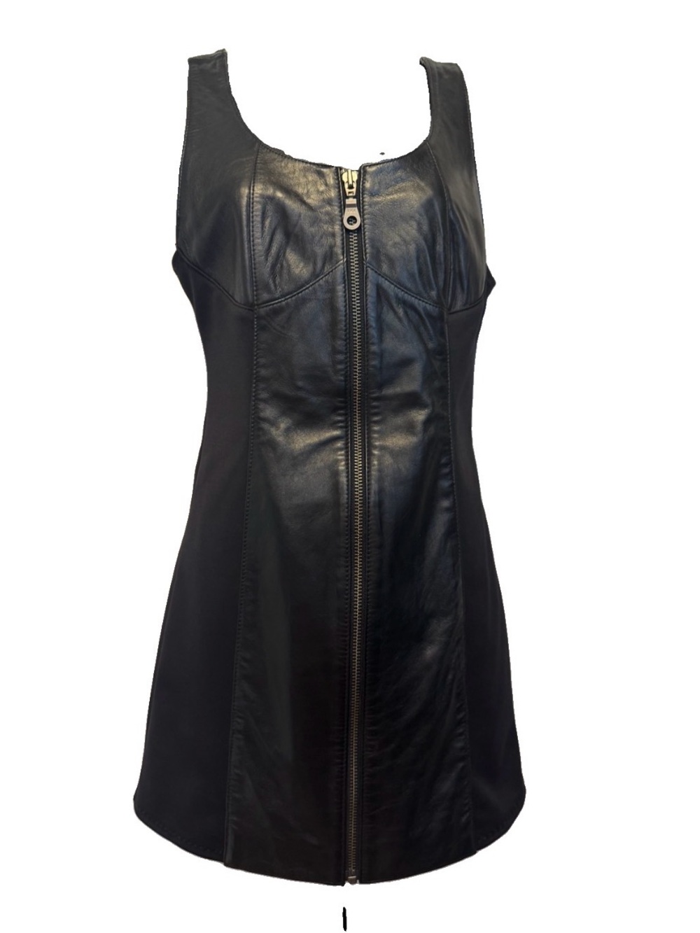 VTG 90’s First Genuine Leather Mixed Media Zip Front Bodycon Dress Small Black